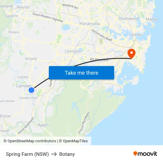 Spring Farm (NSW) to Botany map