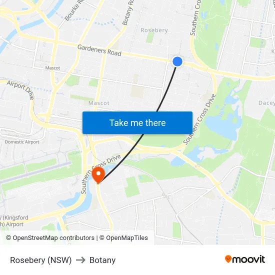 Rosebery (NSW) to Botany map