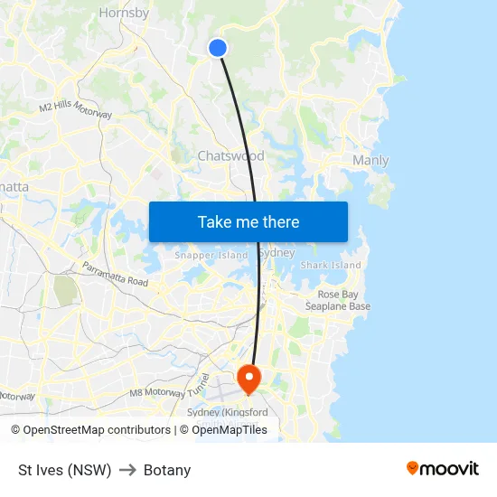St Ives (NSW) to Botany map