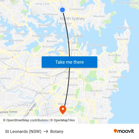 St Leonards (NSW) to Botany map