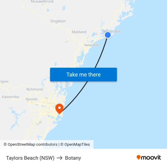 Taylors Beach (NSW) to Botany map