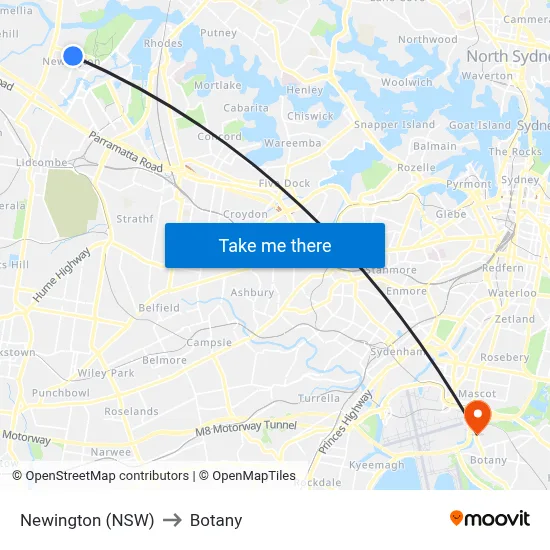 Newington (NSW) to Botany map