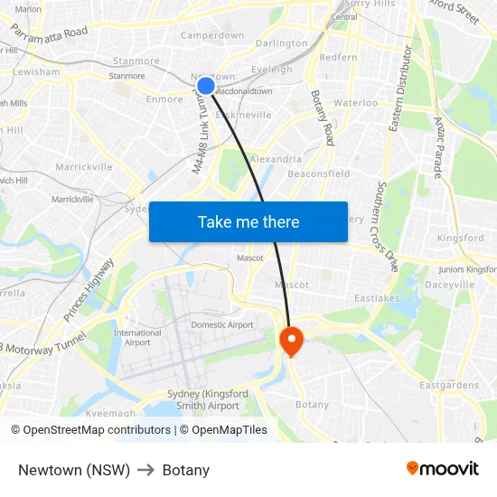 Newtown (NSW) to Botany map