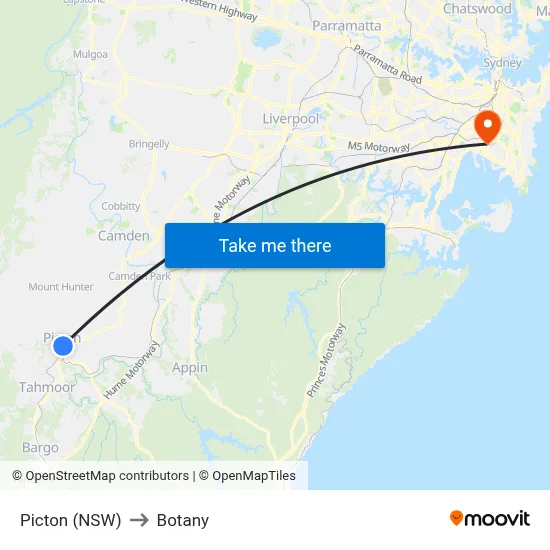 Picton (NSW) to Botany map