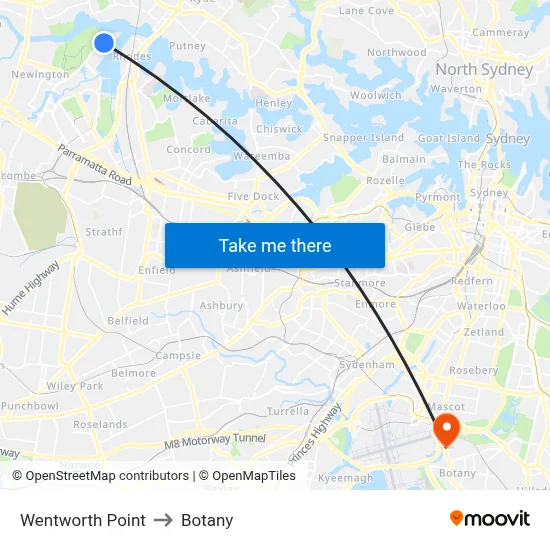 Wentworth Point to Botany map