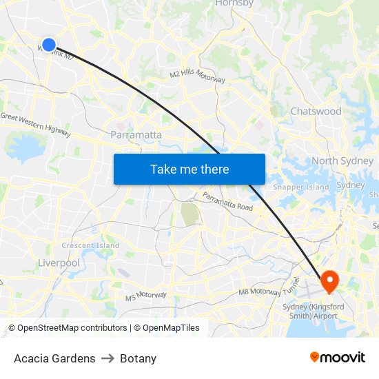 Acacia Gardens to Botany map