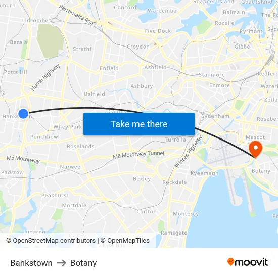 Bankstown to Botany map