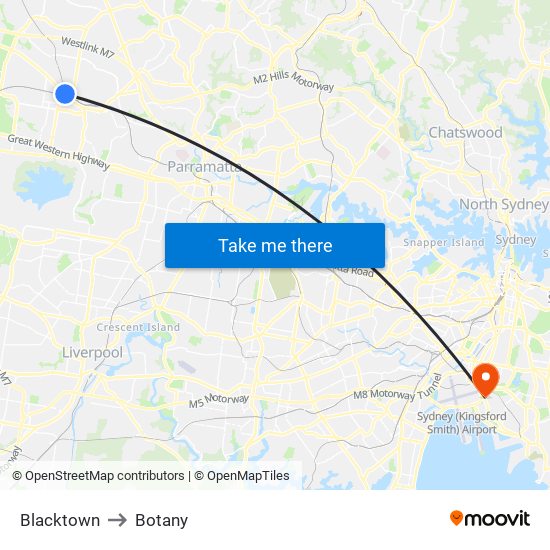 Blacktown to Botany map
