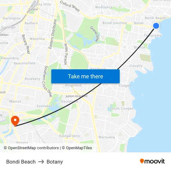 Bondi Beach to Botany map
