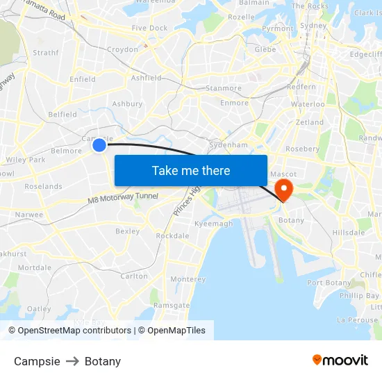 Campsie to Botany map