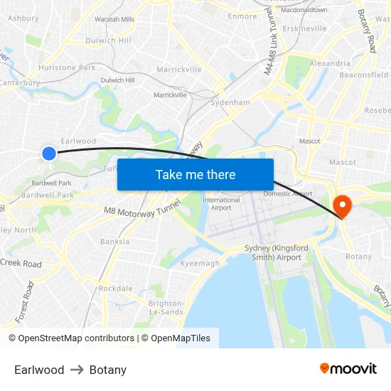 Earlwood to Botany map