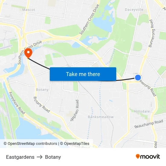Eastgardens to Botany map