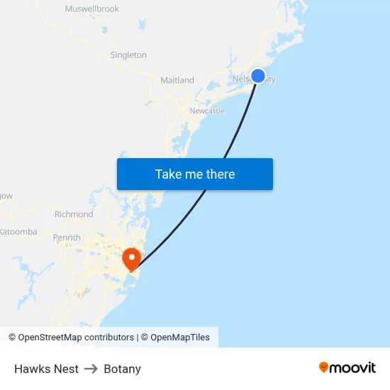 Hawks Nest to Botany map