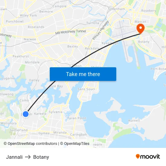 Jannali to Botany map