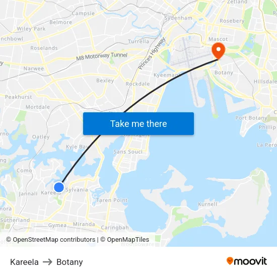 Kareela to Botany map