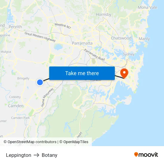 Leppington to Botany map