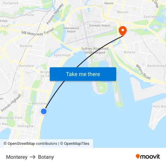 Monterey to Botany map