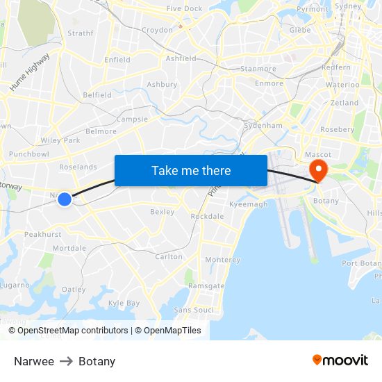 Narwee to Botany map