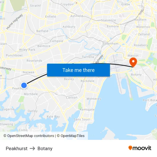 Peakhurst to Botany map