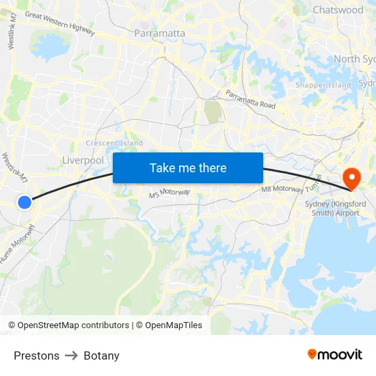 Prestons to Botany map