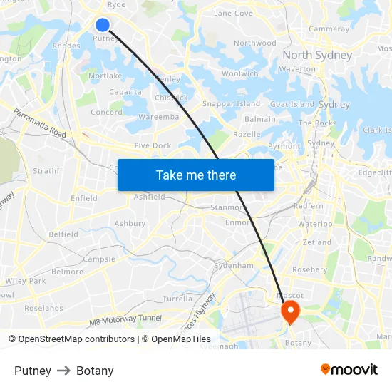 Putney to Botany map