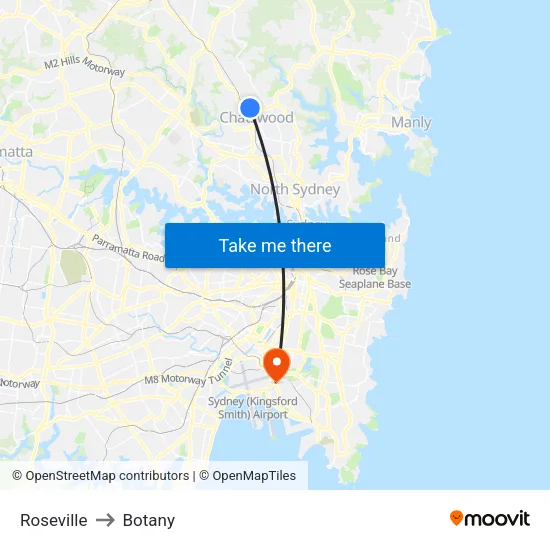 Roseville to Botany map