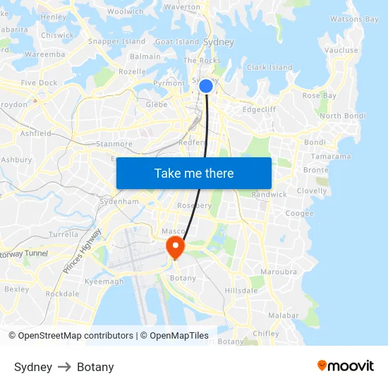 Sydney to Botany map