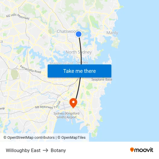 Willoughby East to Botany map