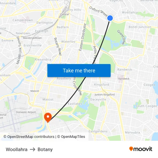 Woollahra to Botany map
