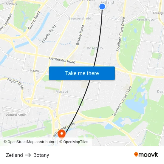 Zetland to Botany map