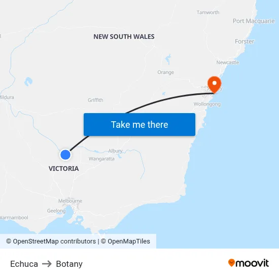Echuca to Botany map