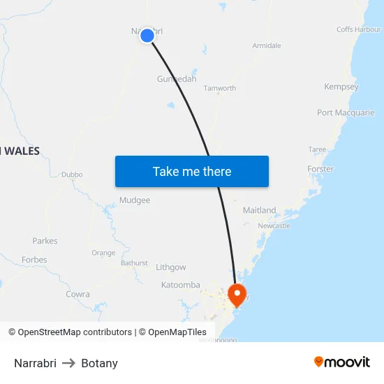 Narrabri to Botany map