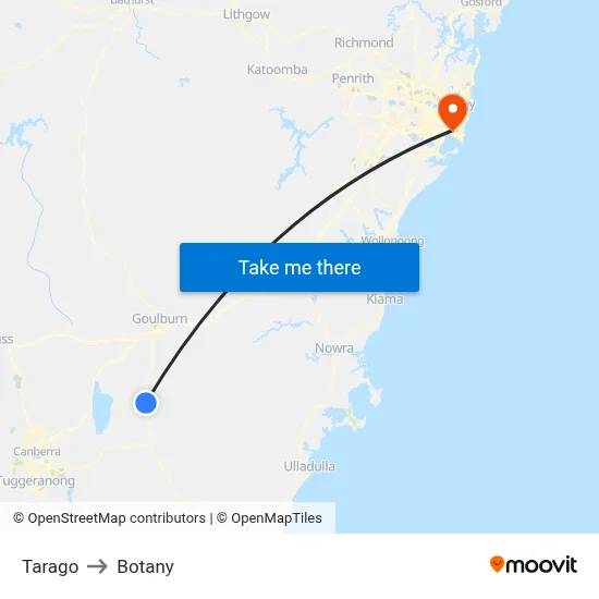 Tarago to Botany map
