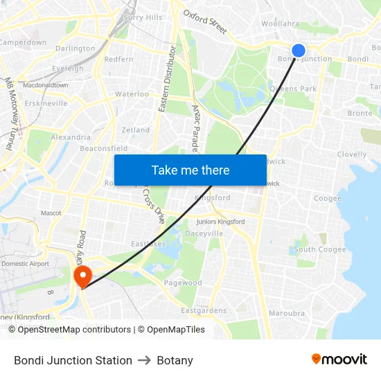 Bondi Junction Station to Botany map
