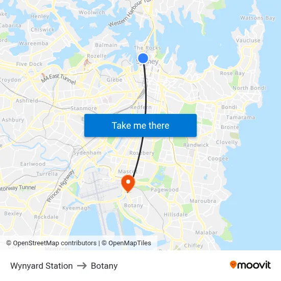 Wynyard Station to Botany map