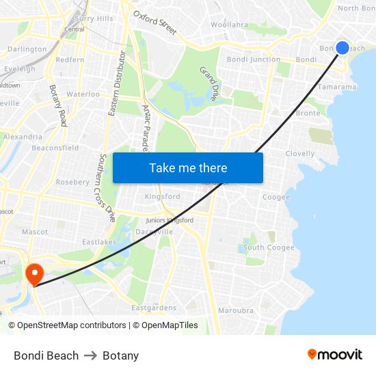 Bondi Beach to Botany map