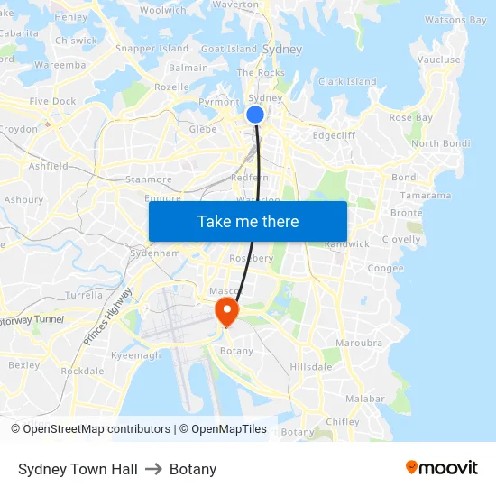 Sydney Town Hall to Botany map