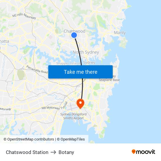 Chatswood Station to Botany map