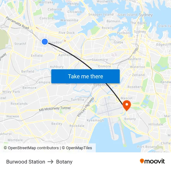 Burwood Station to Botany map
