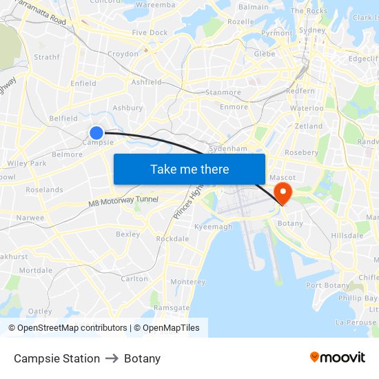 Campsie Station to Botany map