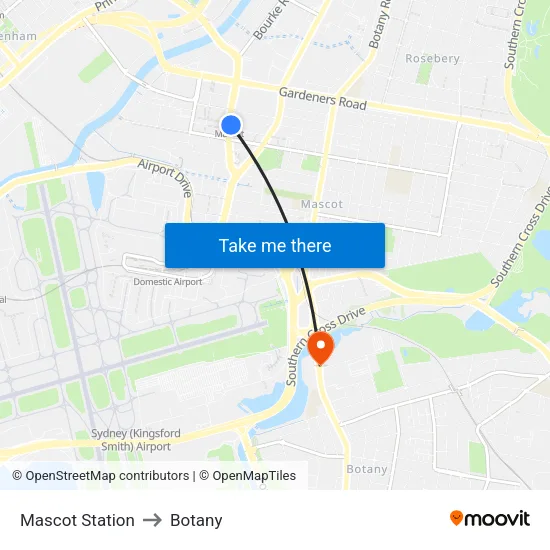 Mascot Station to Botany map