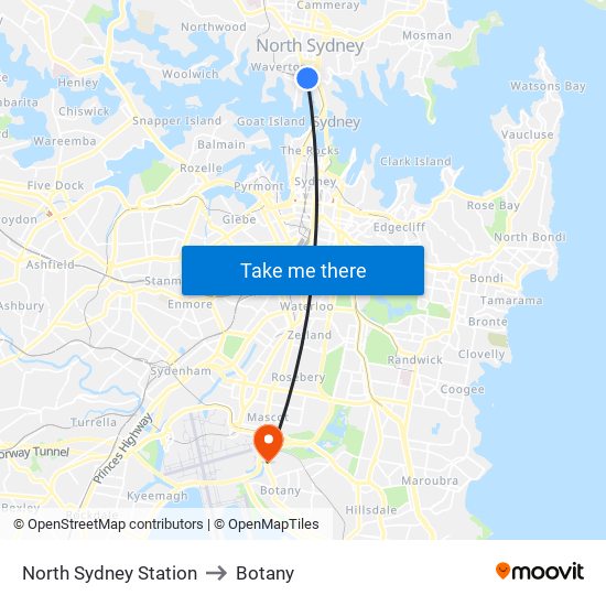 North Sydney Station to Botany map