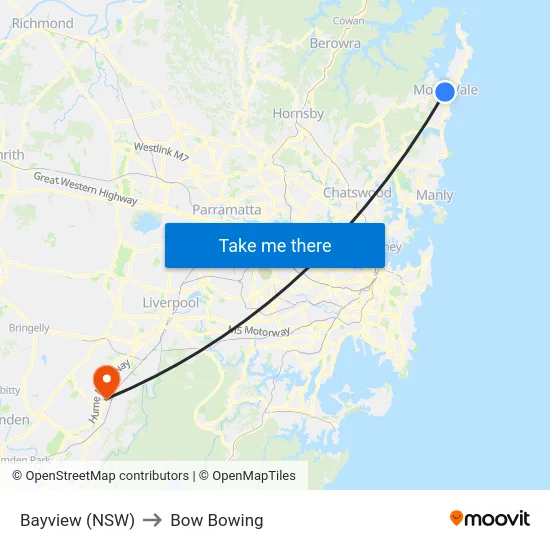 Bayview (NSW) to Bow Bowing map