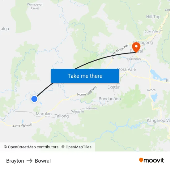 Brayton to Bowral map
