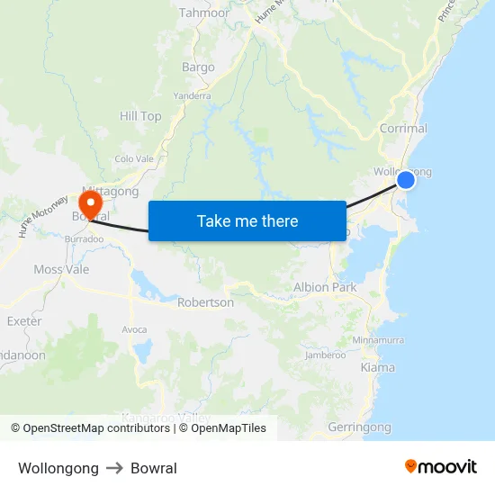 Wollongong to Bowral map