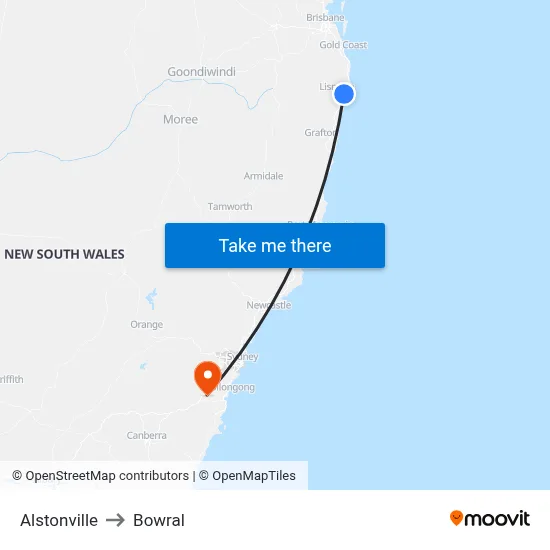 Alstonville to Bowral map