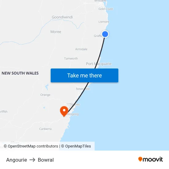Angourie to Bowral map