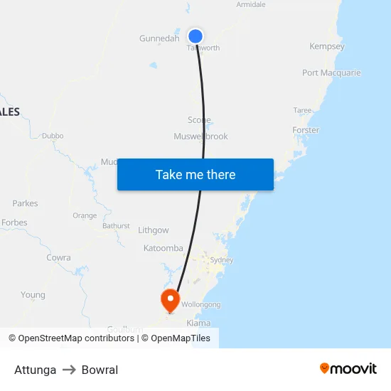 Attunga to Bowral map