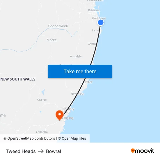 Tweed Heads to Bowral map