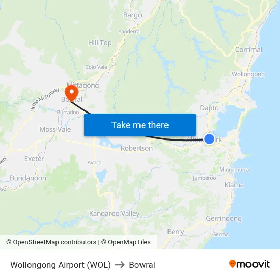 Wollongong Airport (WOL) to Bowral map